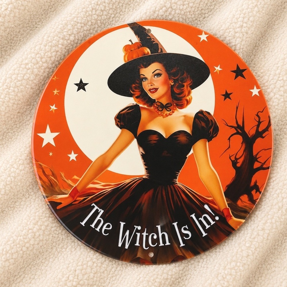 Halloween Pin Up Witchβ Tin Sign The Witch Is In Retro Metal Wall Decor NWT